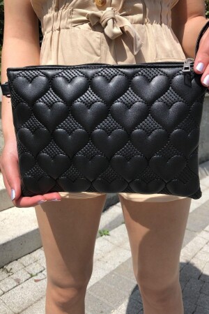 Kadın Siyah Kalp Desenli Portföy Clutch Çanta 25x19 Cm - 5