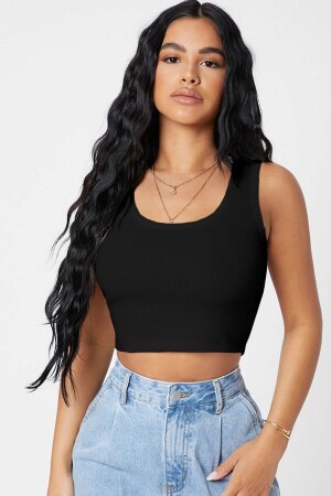 Kadın Siyah Kare Yaka Crop Top Bluz - 1