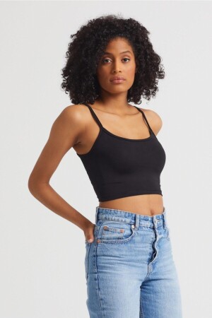 Kadın Siyah Scuba Kumaş İp Askılı Crop Top - 2