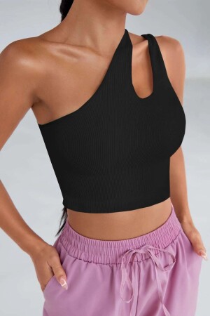 Kadın Siyah Tek Omuz Cut Out Detaylı Crop Top Bluz - 1