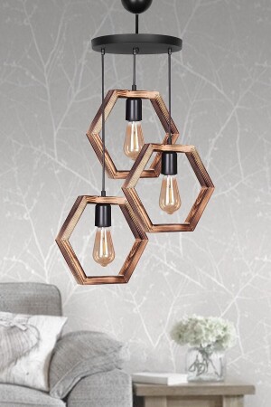 Kahverengi Ahşap 3lü Hexagon Avize - 1