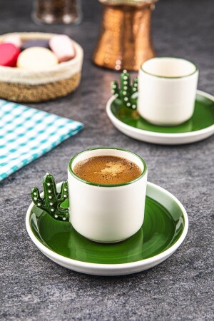 Kaktus 2 Stück handgemachte 110 ml türkische Kaffeetasse grüner Teller, Espresso, Geschenktasse TSK-003-K - 1