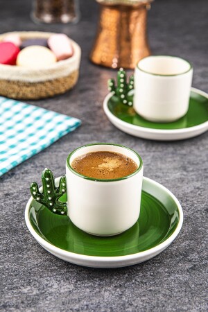 Kaktus 2 Stück handgemachte 110 ml türkische Kaffeetasse grüner Teller, Espresso, Geschenktasse TSK-003-K - 3