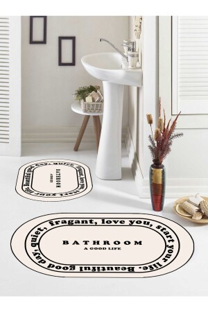 Kaymaz Taban- Banyo-paspası- Bathroom Yazılı- Estetik- Oval- 2'li Klozet Takımı - 6