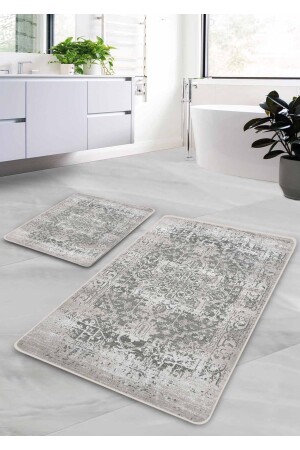 Kaymaz Taban Yıkanabilir 2’li Banyo Paspası - Gri Farmhouse Desenli 60*100 Cm - 50*60 Cm BM0197 - 3