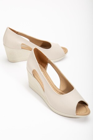 Keilsohle, offene Zehenpartie, orthopädisches Kunstleder, beige Damen-Schuhe mit Keilabsatz - 1