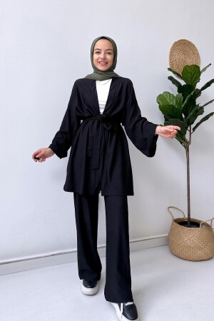 Kimono-Doppel-Hijab-Set mit Fakir-Ärmeln und Gürtel – Schwarz - 4