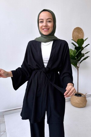 Kimono-Doppel-Hijab-Set mit Fakir-Ärmeln und Gürtel – Schwarz - 5