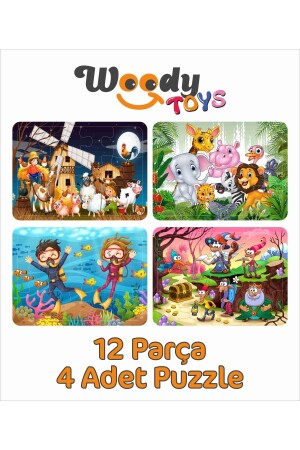 Kinderpuzzle aus Holz, 4er-Set, 12 Teile – Zwerge – Tiere – U-Boot – Bauernhof - 3