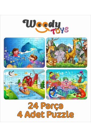 Kinderpuzzle aus Holz, 4er-Set, 24 Teile – U-Boot, Meerestiere, niedliche Tiere, Mühle, Puzzle003 - 3