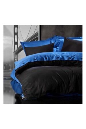 King-Size-Bettbezug-Set aus Satin mit Knopfverzierung in Schwarz und Blau battal55 - 1