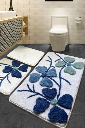 Kırçiçeği Mavi 3lü Set 60x100 Cm 50x60 Cm 40x60 Cm Banyo Halısı Yıkanabilir, Kaymaz 8694545029583 - 1