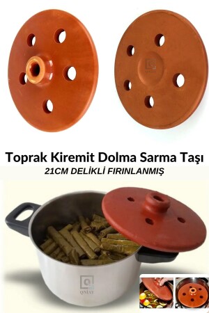 Kiremit Toprak Dolma Sarma Taşı Kapağı Büyük 21cm Sırlı Delikli Fırınlanmış Yaprak Sarma Dolma Taşı Qniay-Partik-Mutfak-Sarma-Taşı - 1