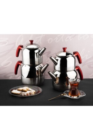 Kırmızı Athena Büyük Boy Paslanmaz Çelik Çaydanlık Takımı 1300-2250ml CHAI3CYDBK - 5