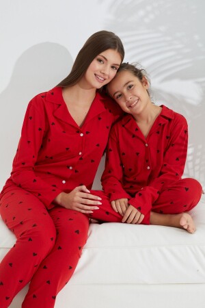 Kırmızı Pamuklu Düğmeli Pijama Takımı - 1