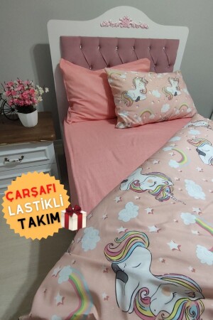 Kız Çocuk Unicorn 4 Parça Lastikli Çarşaflı Tek Kişilik (100X200 CM) Nevresim Takımı - 2