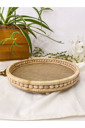 Kleines Tablett aus Holz mit Perlen, 25 cm, Korbgeflecht, Naturbast/Jute, dekoratives Tablett, Badezimmer, Zuhause, Deko-Tablett TPS02304 - 1