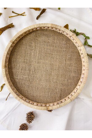 Kleines Tablett aus Holz mit Perlen, 25 cm, Korbgeflecht, Naturbast/Jute, dekoratives Tablett, Badezimmer, Zuhause, Deko-Tablett TPS02304 - 10