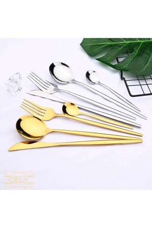 Koreanisches Modell, 24-teiliges, luxuriöses, glänzendes Gold-Gabel-Löffel-Messer-Set für 6 Personen, goldfarben, rund, Edelstahl - 9