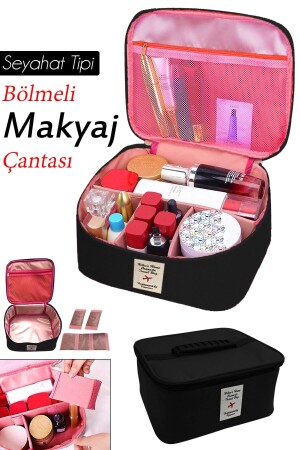 Kozmetik Makyaj Çantası Tutma Kollu Seyahat Seti Makyaj Aksesuarları Düzenleyici Siyah 24x21x11 cm KSS.04345.00 - 1