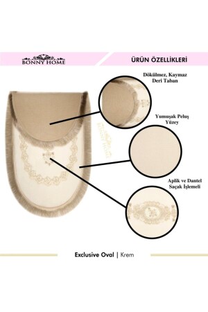 Krem Exclusive 3lü Oval Çeyizlik Saçaklı Fransız Dantelli Klozet Takımı Banyo Paspas Seti BnyExclusiveOval3lu - 5