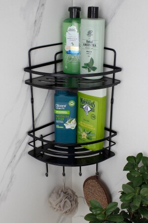 Kristallregal, Edelstahl, schwarz, laminiert, doppelter Shampoo-Halter, selbstklebender Badezimmer-Organizer, Eckregal - 2