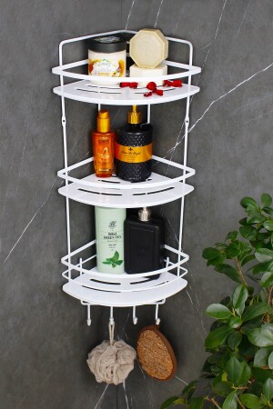 Kristallregal, rostfrei, weiß, laminiert, dreifacher Shampoo-Halter, selbstklebender Badezimmer-Organizer, Eckregal HMY-LK03B - 2