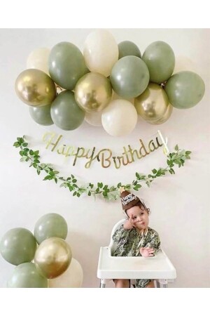 Küf Yeşili Krom Gold Deniz Kumu Balon Gold Happy Bırthday Kaligrafi Banner Mini Zincir Set - 3