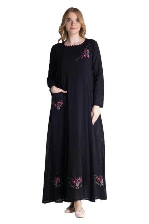 Langärmliges Burçak-Kleid aus Şile-Stoff Schwarz Schwarz - 5