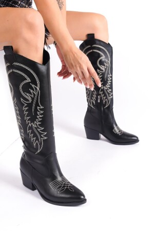 Lange Western-Cowboystiefel für Damen aus schwarzem Leder mit besticktem Reißverschluss - 1