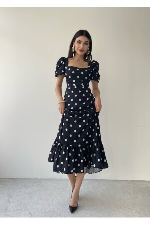 Langes, gepunktetes Kleid mit Ballonärmeln und quadratischem Ausschnitt - 2