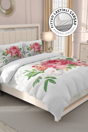 Lastikli Çarşaflı %100 Pamuk Saten Çift Kişilik Nevresim Takımı New Floral MONOHOME32647 - 1