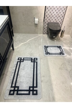 Lateks Taban Saçaksız (60X100 - 60X50) Ikili Banyo Paspas Takımı -gri BYD-STRIPED - 1