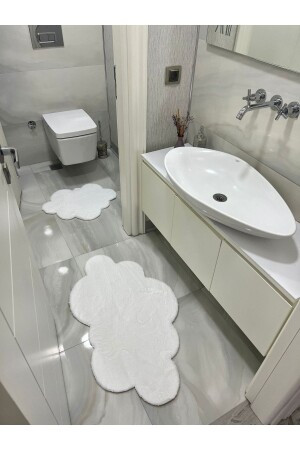 Lazer Kesim 2'li Banyo Paspası Açık Beyazlım Peluş Halı 1854 - 2