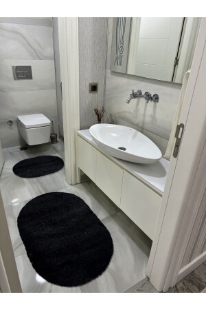 Lazer Kesim Peluş 2'li Oval Siyah Banyo Paspas Takımı - 2