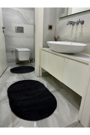 Lazer Kesim Peluş 2'li Oval Siyah Banyo Paspas Takımı - 5