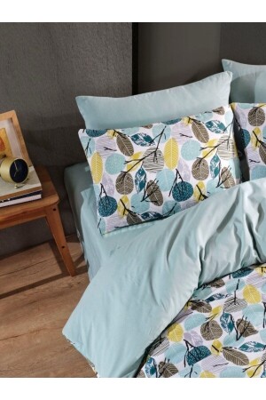 Leaf Double Sided Mint Yellow Double Bed Sheet Cotton Duvet Cover Set Nalls2023 Yaprak - 2