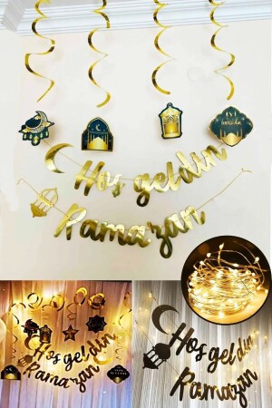 Led Işık Hoşgeldin Ramazan Gold Banner Yazı Iyi Bayramlar 6'lı Tavan Süs Ramazan Oda Süsleme Seti - 1