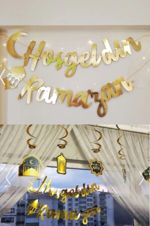 Led Işık Hoşgeldin Ramazan Gold Banner Yazı Iyi Bayramlar 6'lı Tavan Süs Ramazan Oda Süsleme Seti - 6