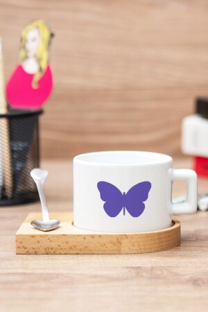 Lila Tasse im Schmetterlingsdesign mit Untertasse aus Holz HD-B1004-452 - 2