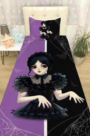 Lila und schwarze gemusterte Tagesdecke und Kissenbezug Wednesday Addams - 3