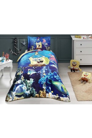 Lizenziertes Ranforce-Bettbezug-Set für Einzelbett, Spongebob, Aquablau 153. EVY. 00167 - 1