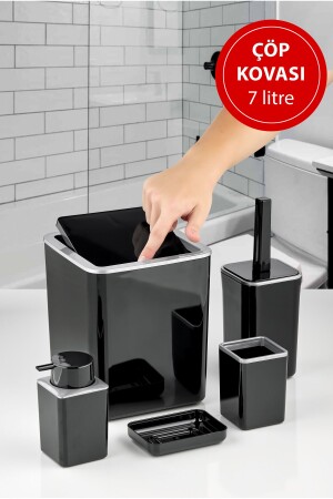 London 5-teiliges Badezimmer-Set (7-Liter-Eimer), 5-teiliges Badezimmer-Set, Silber, Schwarz - 2