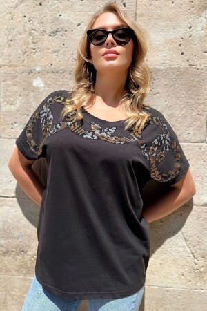 Loose Fit Baumwolle Leopard Crystal Stone Große Größe Schwarz Stilvolles, bequemes Damen-T-Shirt - 1