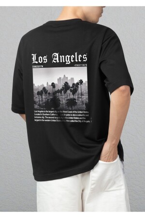 Los Angeles Baskılı Oversize Siyah T-shirt - 1