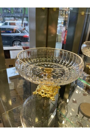 Lotus Kristal 24 Cm Kesme Dekor Gold Ayak Salata Kasesi Cam Sunumluk- Servis Tabağı Kesmegold - 5