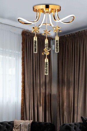 Luxury Modern Kristal Taşlı Sarkıt Kelebek Taşlı Led Avize Gold Sarı TYC00356672819 - 2