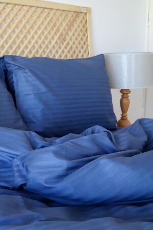 Luxushotel Bunte Serie Einzelbett-Bettbezug-Set mit elastischen Laken, gestreiftes Satin-Bettbezug-Set Indigo-Marineblau teksaten01 - 2