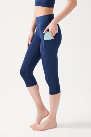 Marineblaue Capri-Leggings mit hoher Taille und glättenden Doppeltaschen unterhalb des Knies für Damen - 1