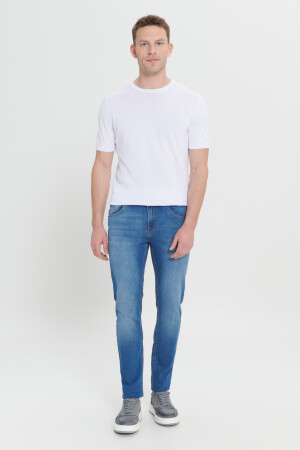 Marineblaue, extra schmal geschnittene Slim-Fit-Riss-Baumwoll-Jeans aus flexiblem Denim für Herren ET0100000001 - 5